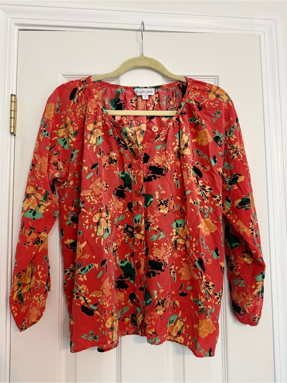 Bright Red Floral 100% Silk Women's Blouse
